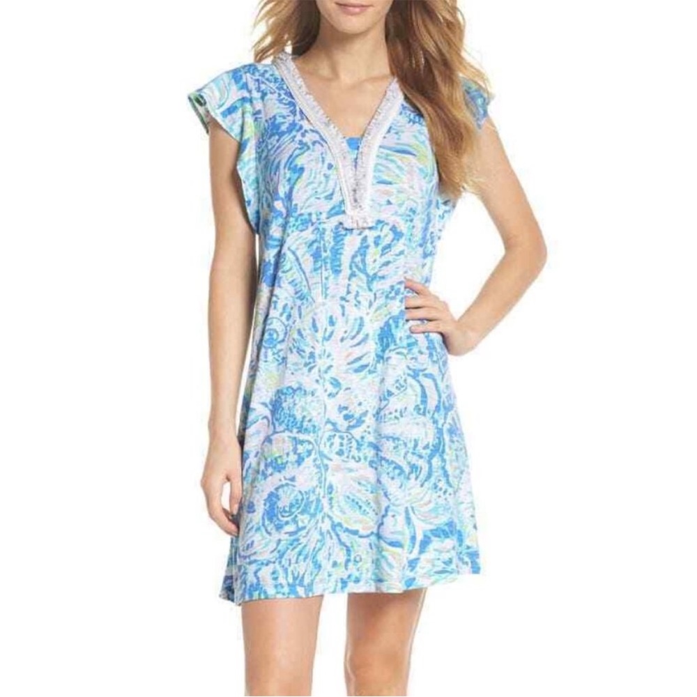 Lilly Pulitzer Zandra Shift Lace Bennet Blue Fringe Mini Dress M